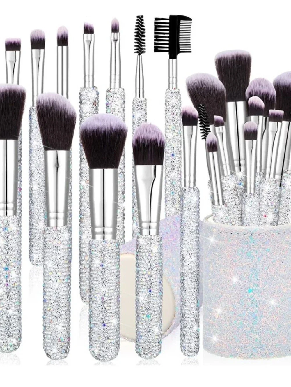 13-Piece Sparkle Rhinestone Makeup Brush Set - Silver / White